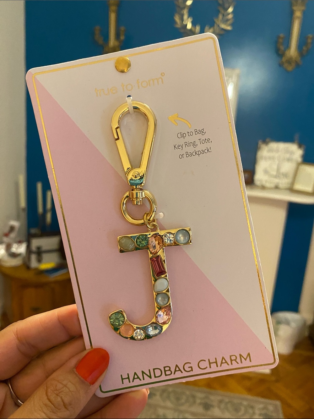 Gold J Initial Handbag Charm - Multicolor Gems